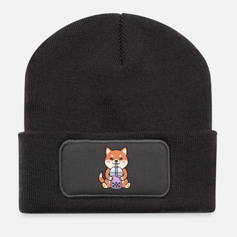 Shiba Inu Bubble Tea Charm - Recycled Patch Beanie - dark grey