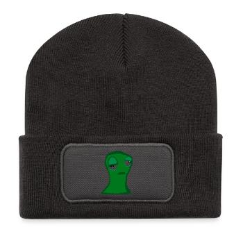 Müde grüne Figur – minimalistischer Cartoon,  Frus - Recycelte Patch Beanie - Dunkelgrau - Vorne