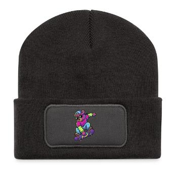 Teddybär auf einem Skateboard-Neon - Recycelte Patch Beanie - Dunkelgrau - Vorne