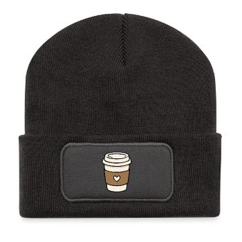 Süße Takeaway-Kaffeetasse mit Herz - Recycelte Patch Beanie - Dunkelgrau - Vorne
