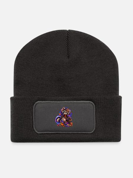 Neon-Waschbär mit Herbstlaub - Recycelte Patch Beanie - Dunkelgrau