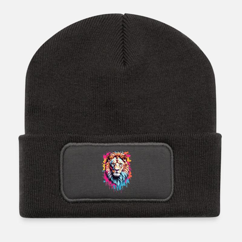 Bunter Löwenkopf - Recycelte Patch Beanie - Dunkelgrau