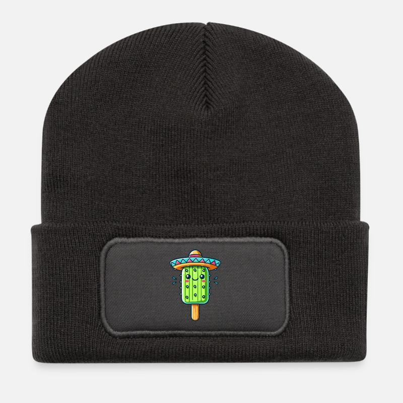 lustiges Kaktus-Eis-Motiv mit bunten Sombrero - Recycelte Patch Beanie - Dunkelgrau
