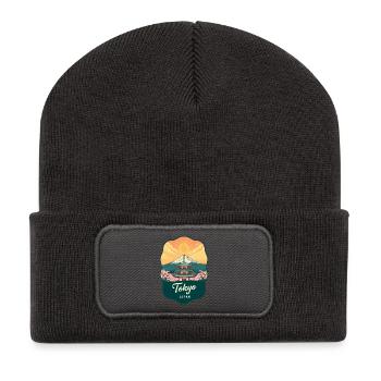 Tokyo Mount Fuji Vintage Sunset Reiseabzeichen - Recycelte Patch Beanie - Dunkelgrau - Vorne