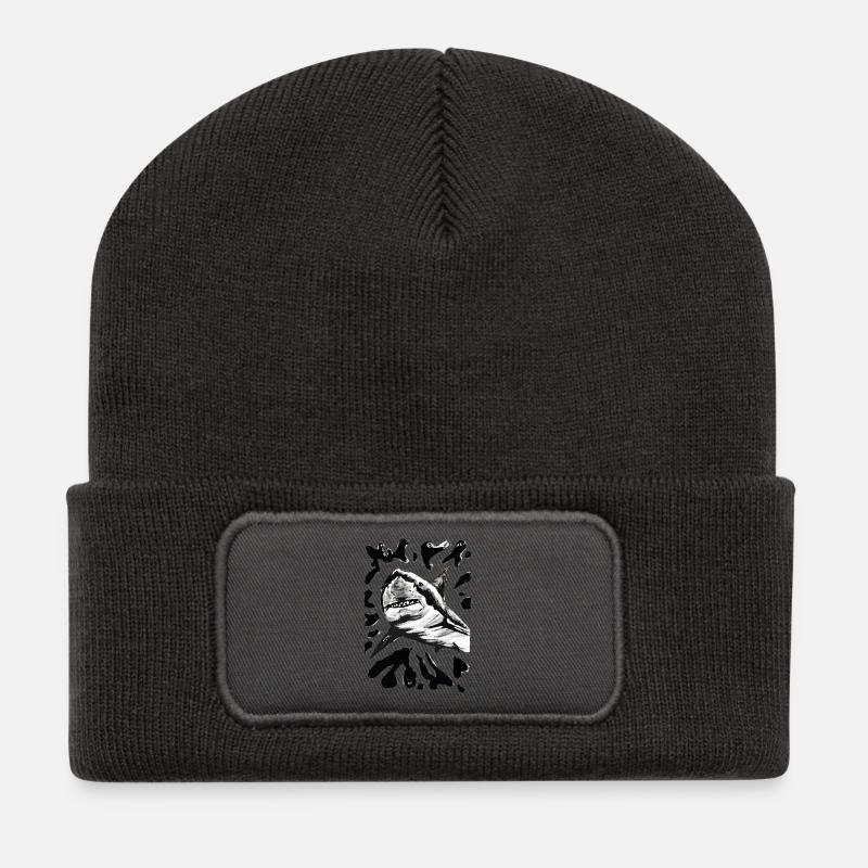 Dessin à l’encre de requin noir et blanc - Beanie recyclé à patch - charbon