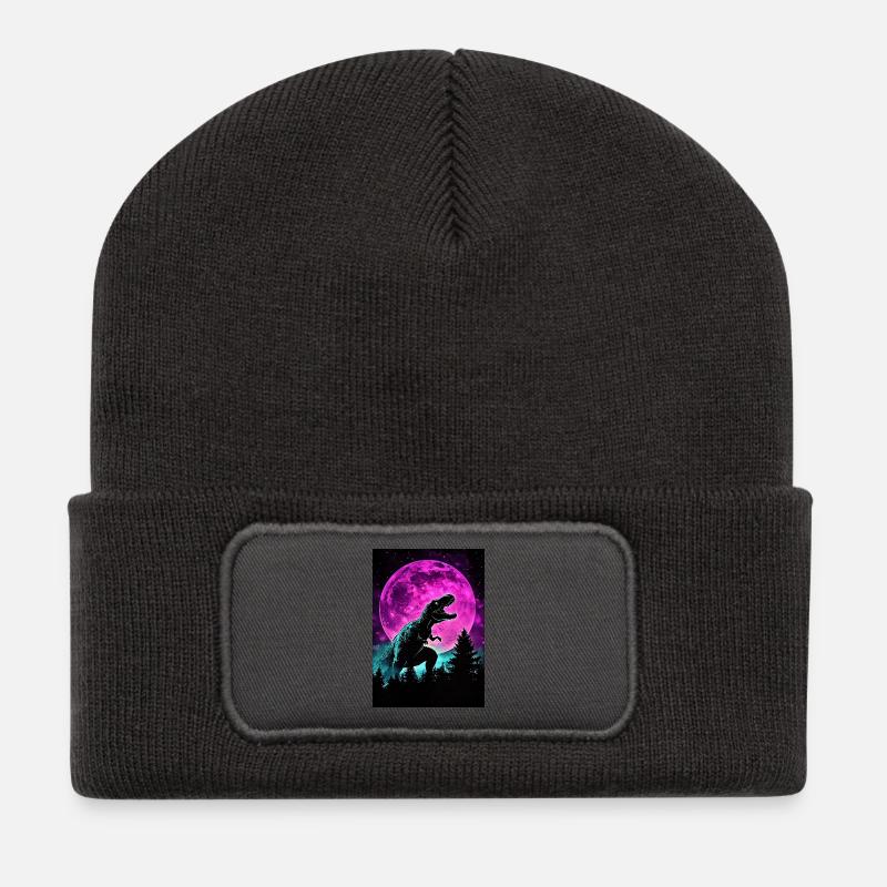 Nacht-T-Rex Neonmond Silhouette - Recycelte Patch Beanie - Dunkelgrau