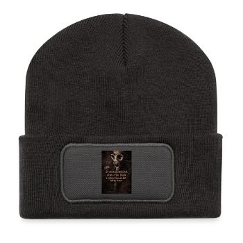 Gasmaske und Blume mit Spruch - Recycelte Patch Beanie - Dunkelgrau - Vorne