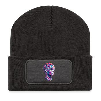 Geometrisches Farbporträt aus Pixelblöcken - Recycelte Patch Beanie - Dunkelgrau - Vorne