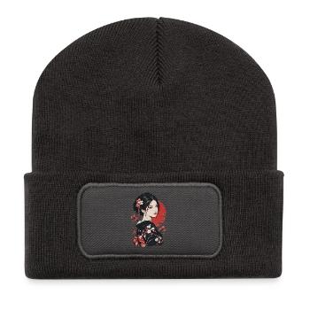 Kirschblüten Kimono Porträt - Recycelte Patch Beanie - Dunkelgrau - Vorne