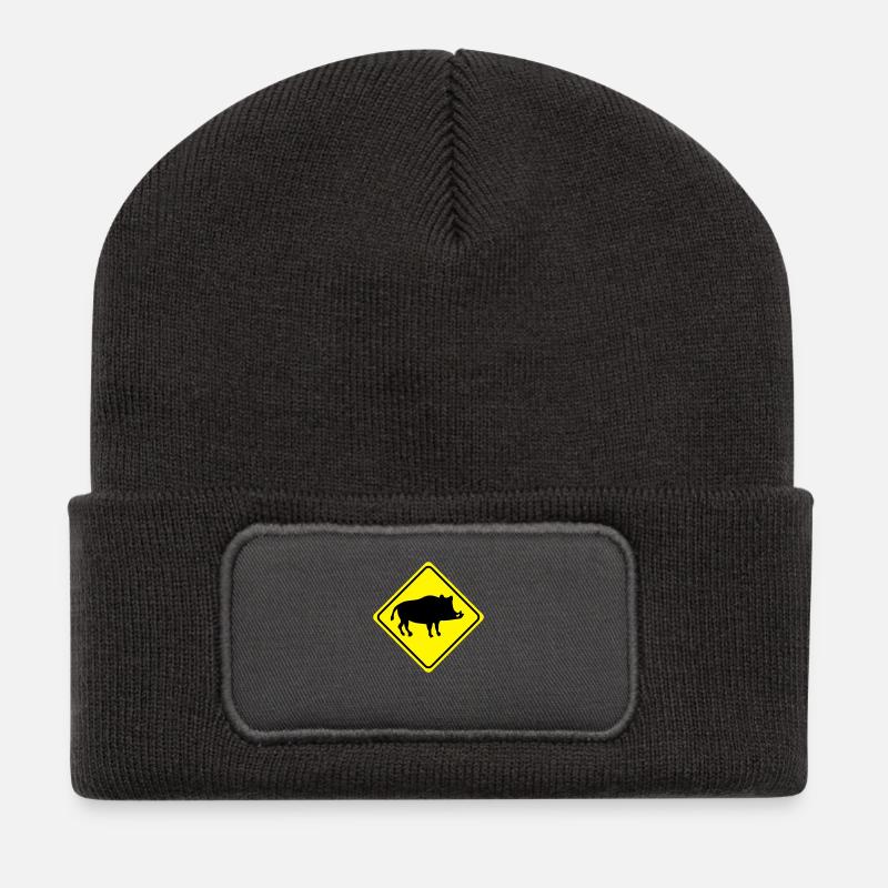 Warnung - Wild Schwein Keiler - 2 Farb Vektor - Recycelte Patch Beanie - Dunkelgrau