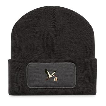 Cigogne blanche avec bébé - Beanie recyclé à patch - charbon - Devant