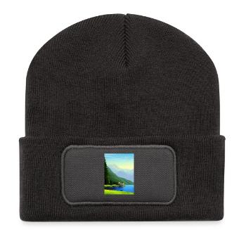 Paysage avec lac, bateau et montagnes - Beanie recyclé à patch - charbon - Devant