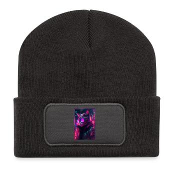 Techno Katze Japan Neon City Art - Recycelte Patch Beanie - Dunkelgrau - Vorne