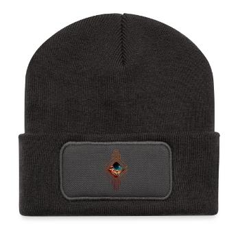 Kleine Fee sitzt auf einem goldroten Mond. - Recycelte Patch Beanie - Dunkelgrau - Vorne