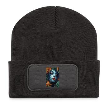 Neon Blattporträt mit roten Lippen - Recycelte Patch Beanie - Dunkelgrau - Vorne