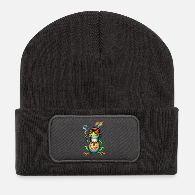 Lustiger Frosch mit Friedenspfeife - Hippie-Vibes - Recycelte Patch Beanie - Dunkelgrau