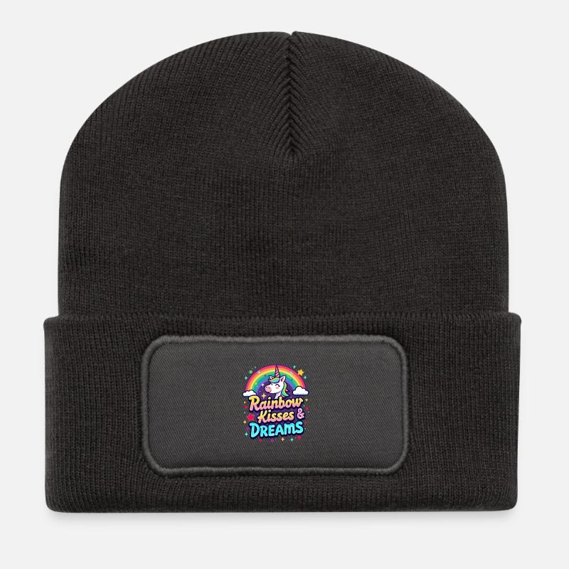 Licorne - Bises et Rêves Arc en Ciel - Beanie recyclé à patch - charbon