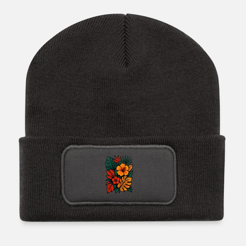 Tropischer Blütenrausch - Recycelte Patch Beanie - Dunkelgrau