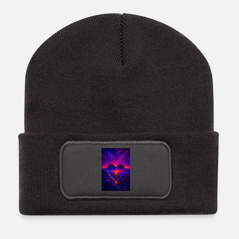 Galactic Heart Sunset – Magisches Herz-Design - Recycelte Patch Beanie - Dunkelgrau