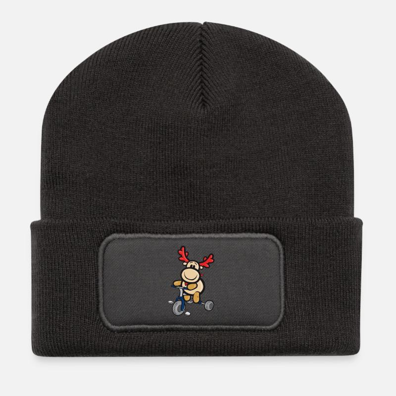 Lachendes Comic-Rentier fährt Dreirad - Recycelte Patch Beanie - Dunkelgrau