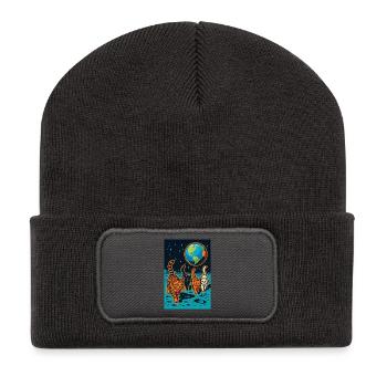 Cosmic Cats Lunar Adventure, Katzen auf dem Mond - Recycelte Patch Beanie - Dunkelgrau - Vorne