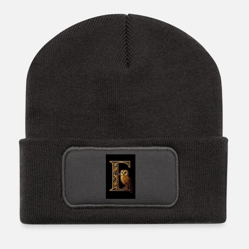 E - Magisches Ornament mit Eule - Recycelte Patch Beanie - Dunkelgrau