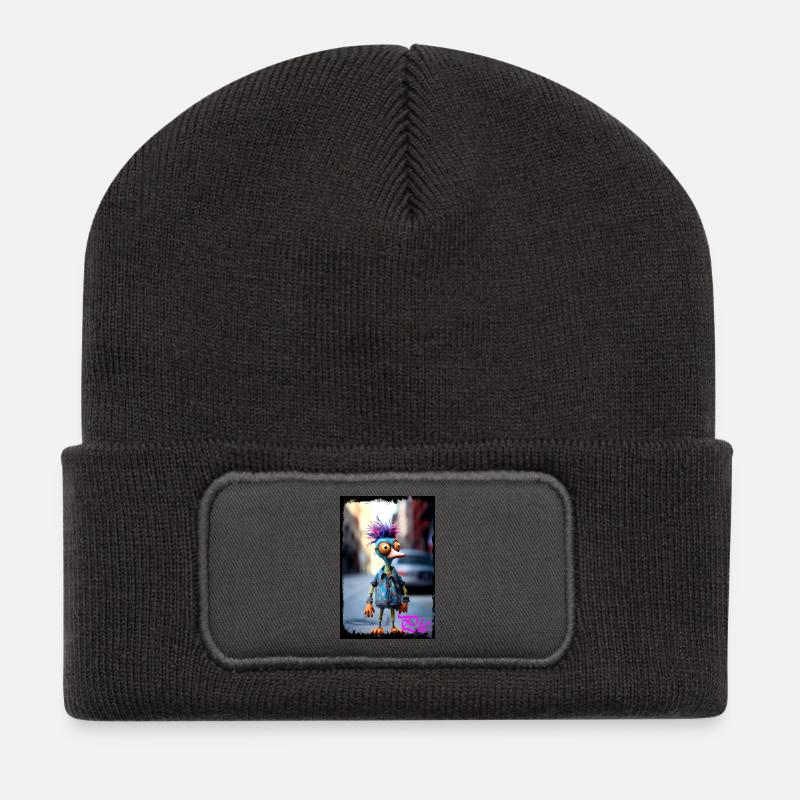 Colorful Doll Monster Character Print Doll - Recycled Patch Beanie - dark grey