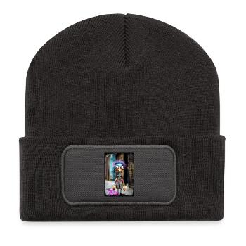 Ausgefallene Puppe mit bunten Haaren im Punk Stil  - Recycelte Patch Beanie - Dunkelgrau - Vorne