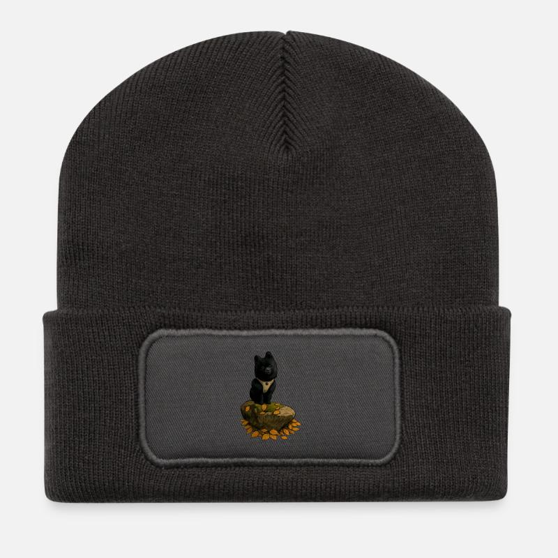 Schwarzer Spitz Hund auf Baumstamm - Recycelte Patch Beanie - Dunkelgrau