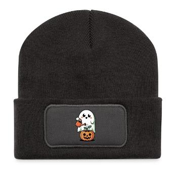 Niedliches Geister-Kürbis Halloween Design - Recycelte Patch Beanie - Dunkelgrau - Vorne
