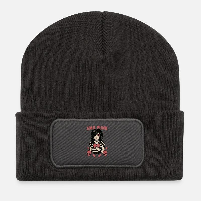 Emo Punk Herzschmerz Illustration - Recycelte Patch Beanie - Dunkelgrau
