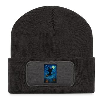Chat noir avec un balai de sorcière - Beanie recyclé à patch - charbon - Devant