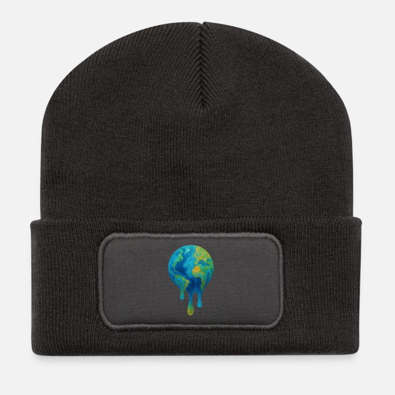 Schmelzende Weltkugel – Abstrakte Klimakunst - Recycelte Patch Beanie - Dunkelgrau