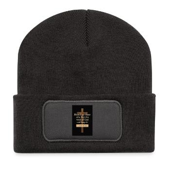 Kreuz und Bibelverse Lukas 11,28 - Recycelte Patch Beanie - Dunkelgrau - Vorne