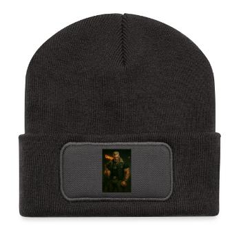 Mechanischer Biker – Blonder Krieger mit Feuerblick - Recycelte Patch Beanie - Dunkelgrau - Vorne