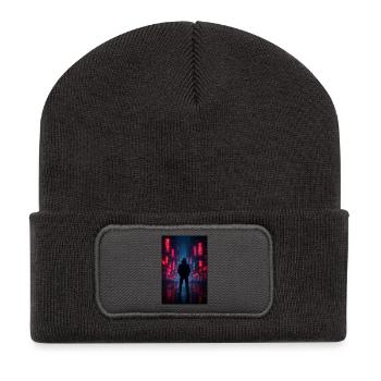 Nachtneon in der Cyberstadt - Recycelte Patch Beanie - Dunkelgrau - Vorne