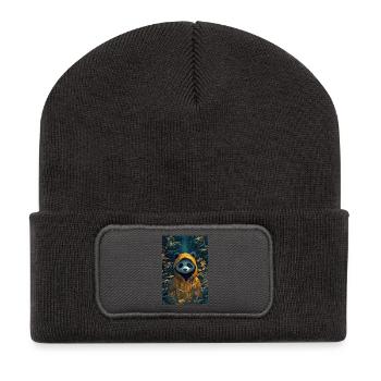 Illustration eines humanoiden Pandas - Recycelte Patch Beanie - Dunkelgrau - Vorne