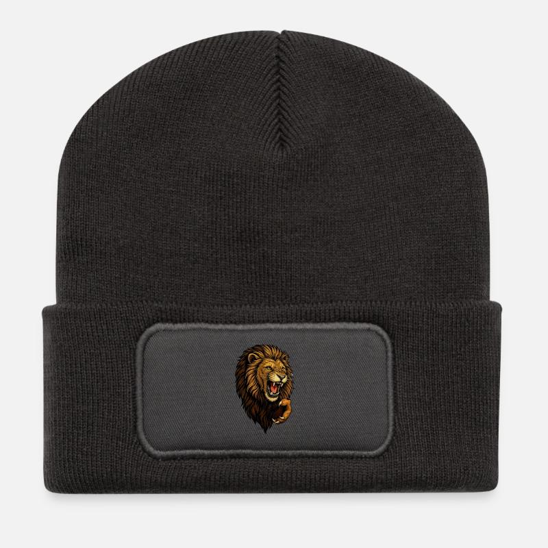 Wilder Löwenkopf im Angriff - Recycelte Patch Beanie - Dunkelgrau