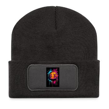 Neon-Graffiti-Smiley mit X-Augen - Recycelte Patch Beanie - Dunkelgrau - Vorne