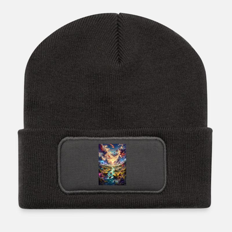 Drachen-Morgendämmerungsaufeinandertreffen über Talgipfel - Recycelte Patch Beanie - Dunkelgrau