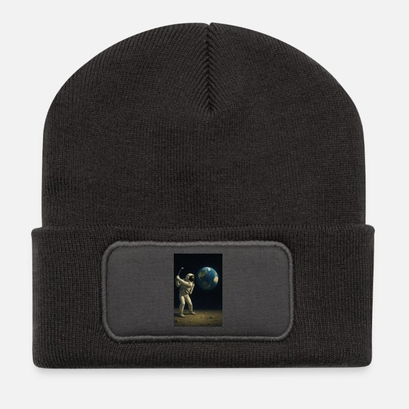 Astronaut Golf auf Mondwelt - Recycelte Patch Beanie - Dunkelgrau