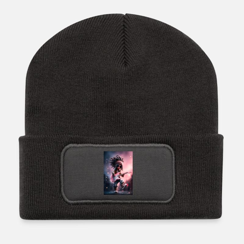 Dreadlock-Rock-Puppe mit rosa Gitarre - Recycelte Patch Beanie - Dunkelgrau