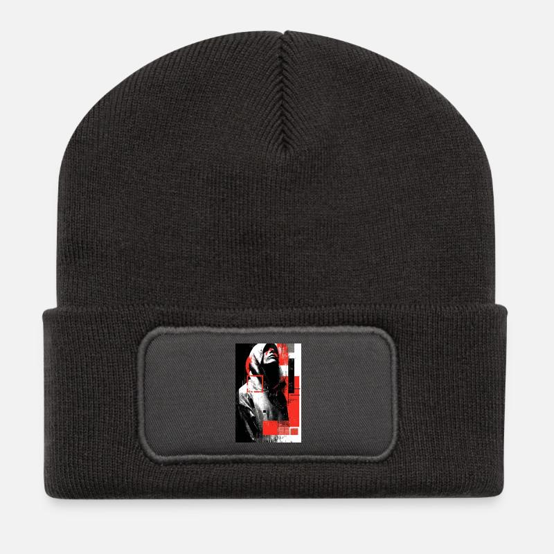 Glitch face in red gloss - Recycled Patch Beanie - dark grey