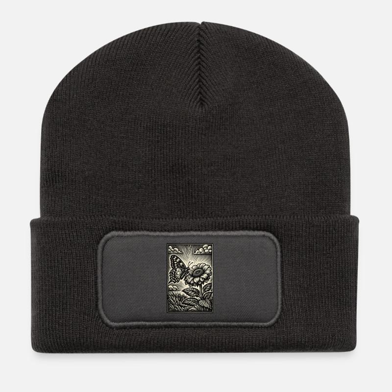 Papillon & Fleur – Gravure sur bois vintage - Beanie recyclé à patch - charbon