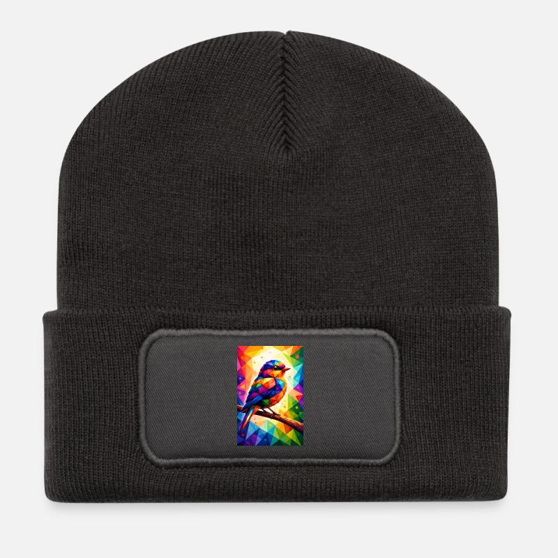 Farbenfroher Vogel im geometrischen Mosaik - Recycelte Patch Beanie - Dunkelgrau