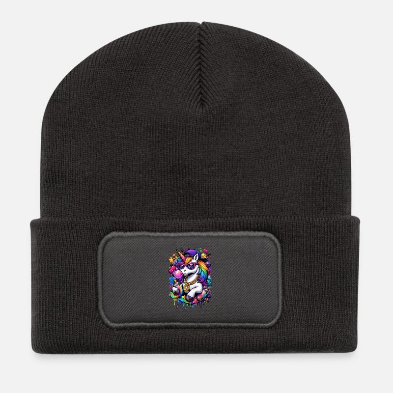 Pop Art Unicorn - Recycelte Patch Beanie - Dunkelgrau