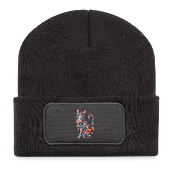 Patchwork Katze Blütenmuster - Recycelte Patch Beanie - Dunkelgrau - Vorne