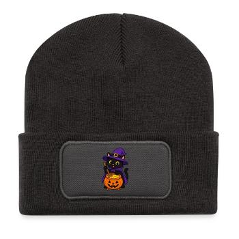 Schwarze Katzenhexe braut einen leuchtenden Trank - Recycelte Patch Beanie - Dunkelgrau - Vorne