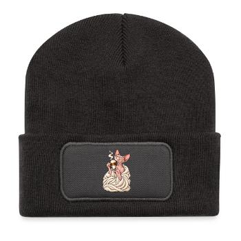 Sphinx Katze mit Latte Macchiato – Katzenkaffee - Recycelte Patch Beanie - Dunkelgrau - Vorne