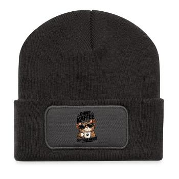 Katzencool Kaffee mit Sonnenbrille - Recycelte Patch Beanie - Dunkelgrau - Vorne